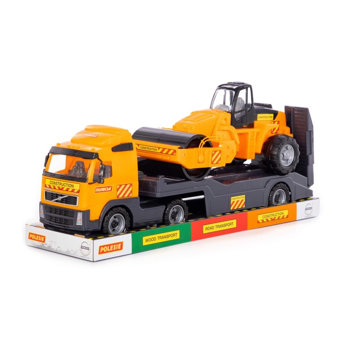 "Volvo", автомобиль-трейлер + дорожный каток (в лотке)