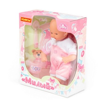 Пупс мягконабивной "Милый" (28 см) с соской + набор для кормления (2 элемента) (в коробке)