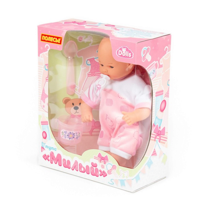 Пупс мягконабивной "Милый" (28 см) с соской + набор для кормления (2 элемента) (в коробке)