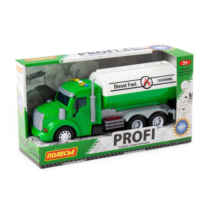"Профи", автомобиль с цистерной инерционный ( со светом и звуком) (зелёный) (в коробке)