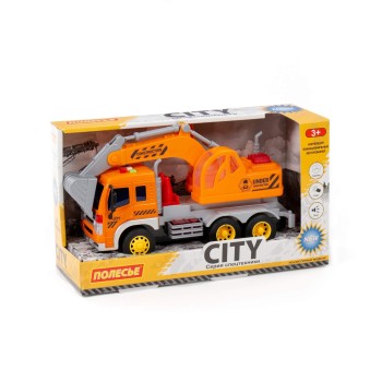 "Сити", автомобиль-экскаватор инерционный (со светом и звуком) (оранжевый) (в коробке)
