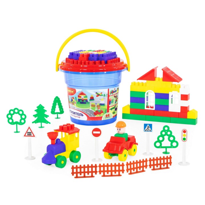 Конструктор "Строитель" (68 элементов) (в ведре "Макси" с крышкой)